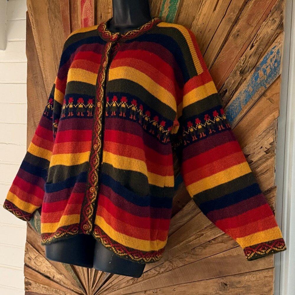 Vintage Bolivian 80's-90's hand knit wool/alpaca Sweater/cardigan Sz L